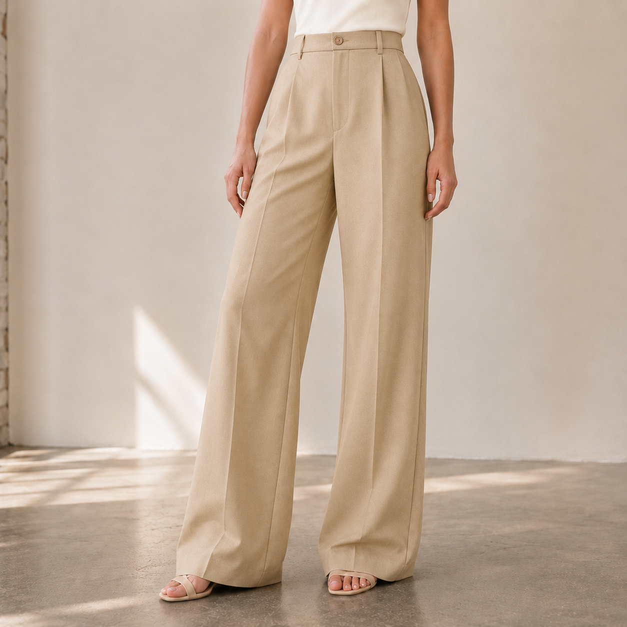High Rise Straight Leg Pants With Front Pleats