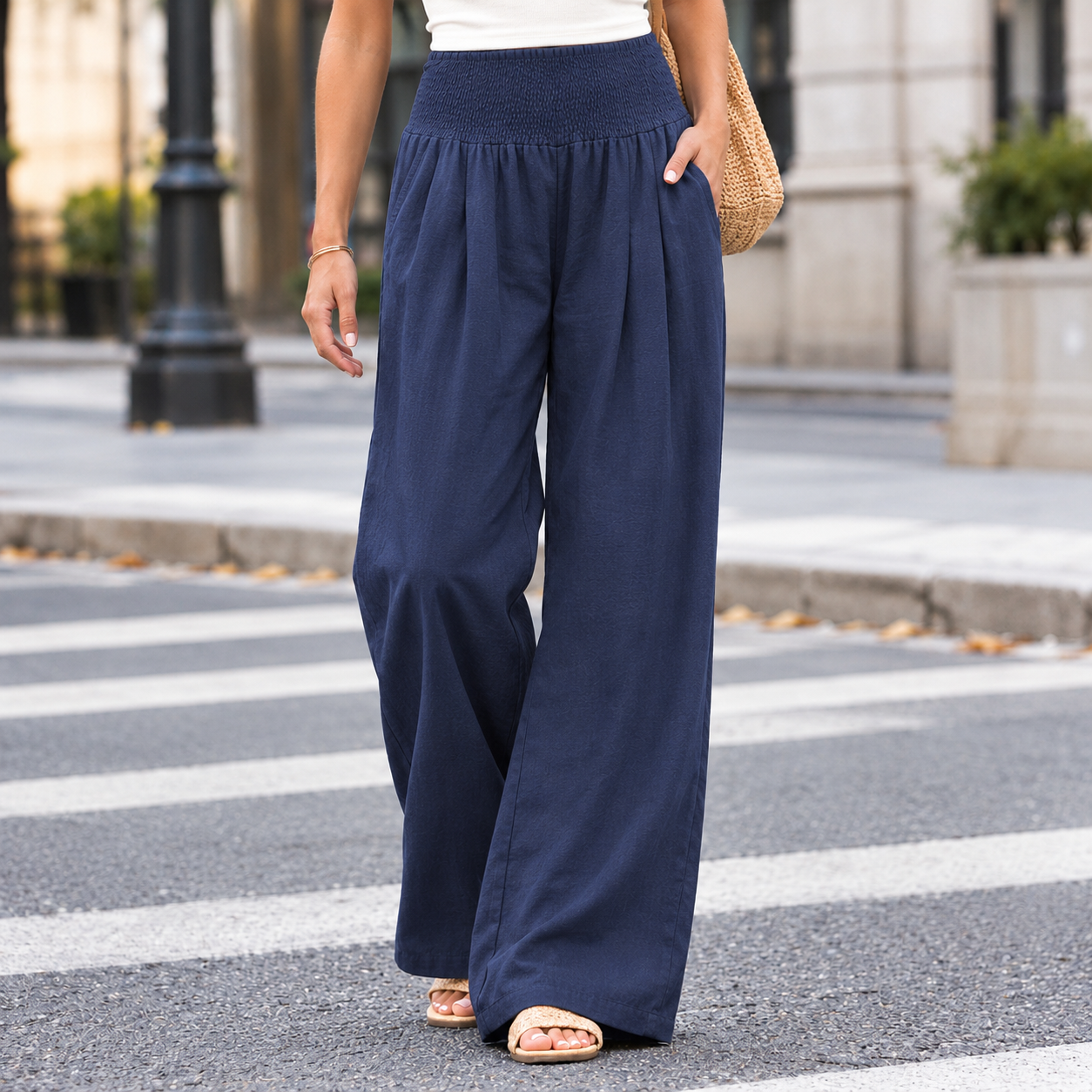 Close-up of the pull-on waistband on wide-leg pants