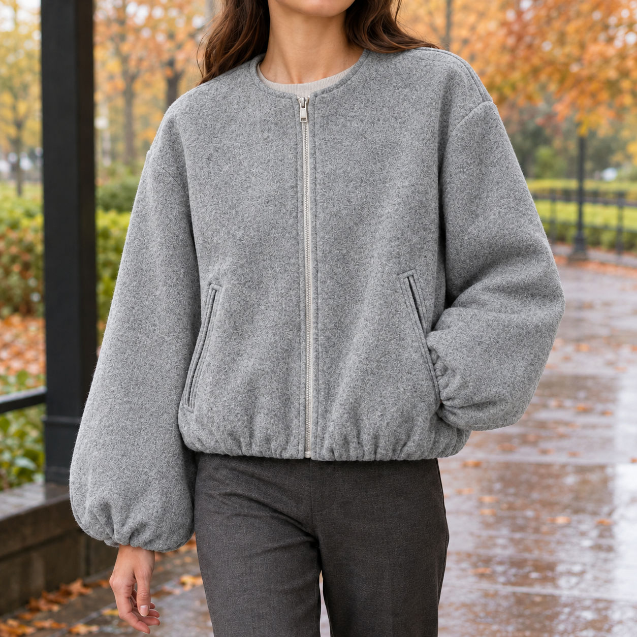 Balloon Sleeve Jacket With Zip Front