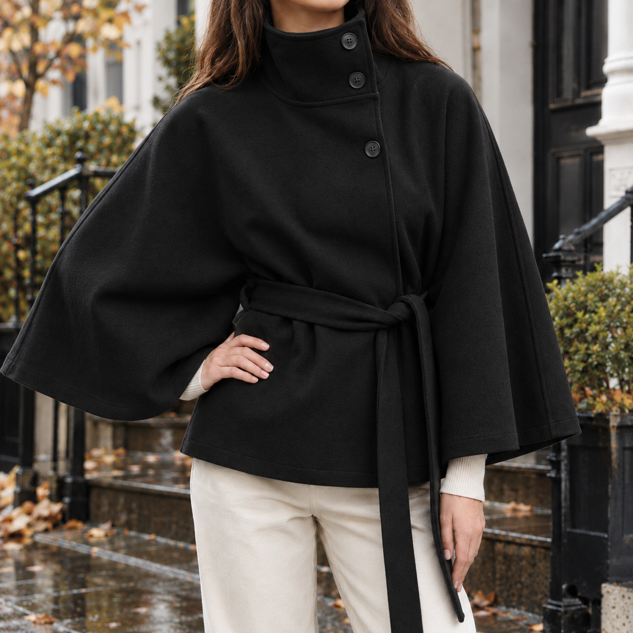 Cape Jacket With Stand Collar And Tie Belt