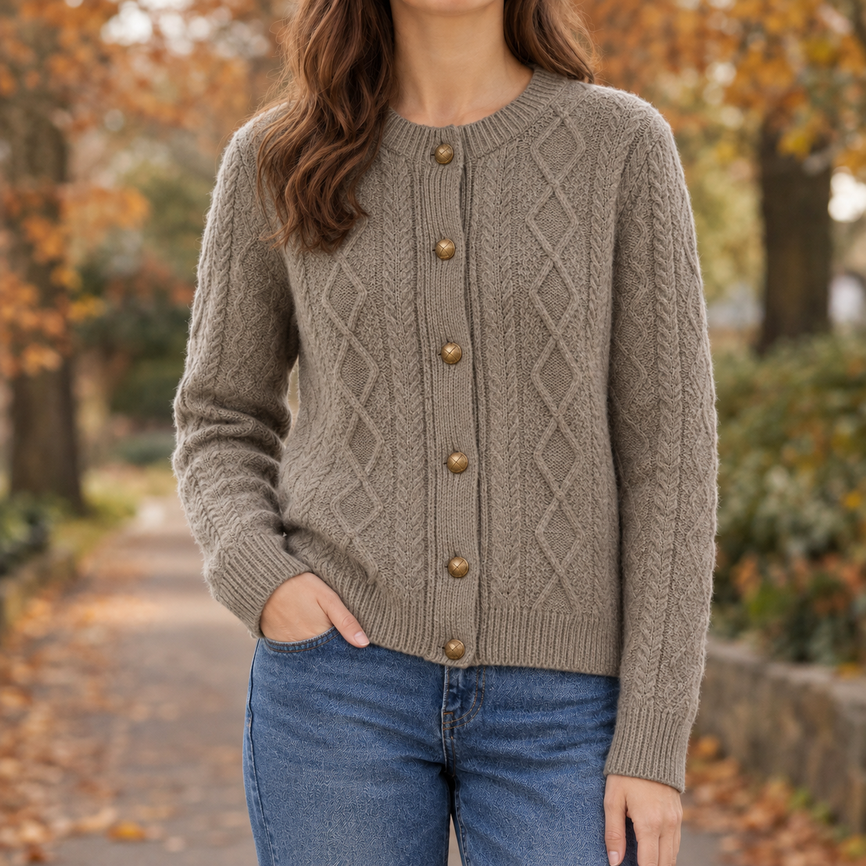 Wool Cardigan Sweater With Cable Knit Button Front