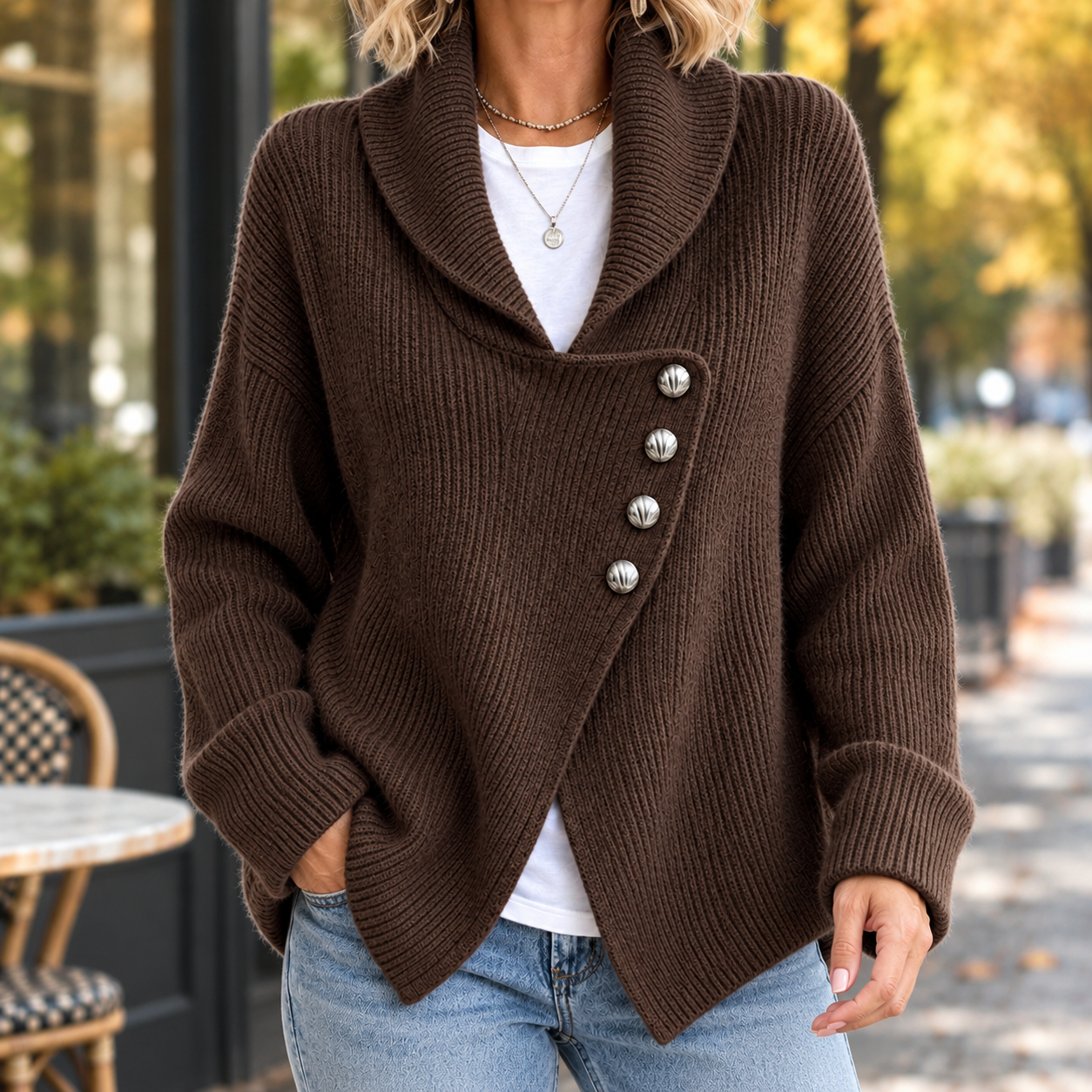 Cardigan shown styled as a versatile layering piece for everyday wear
