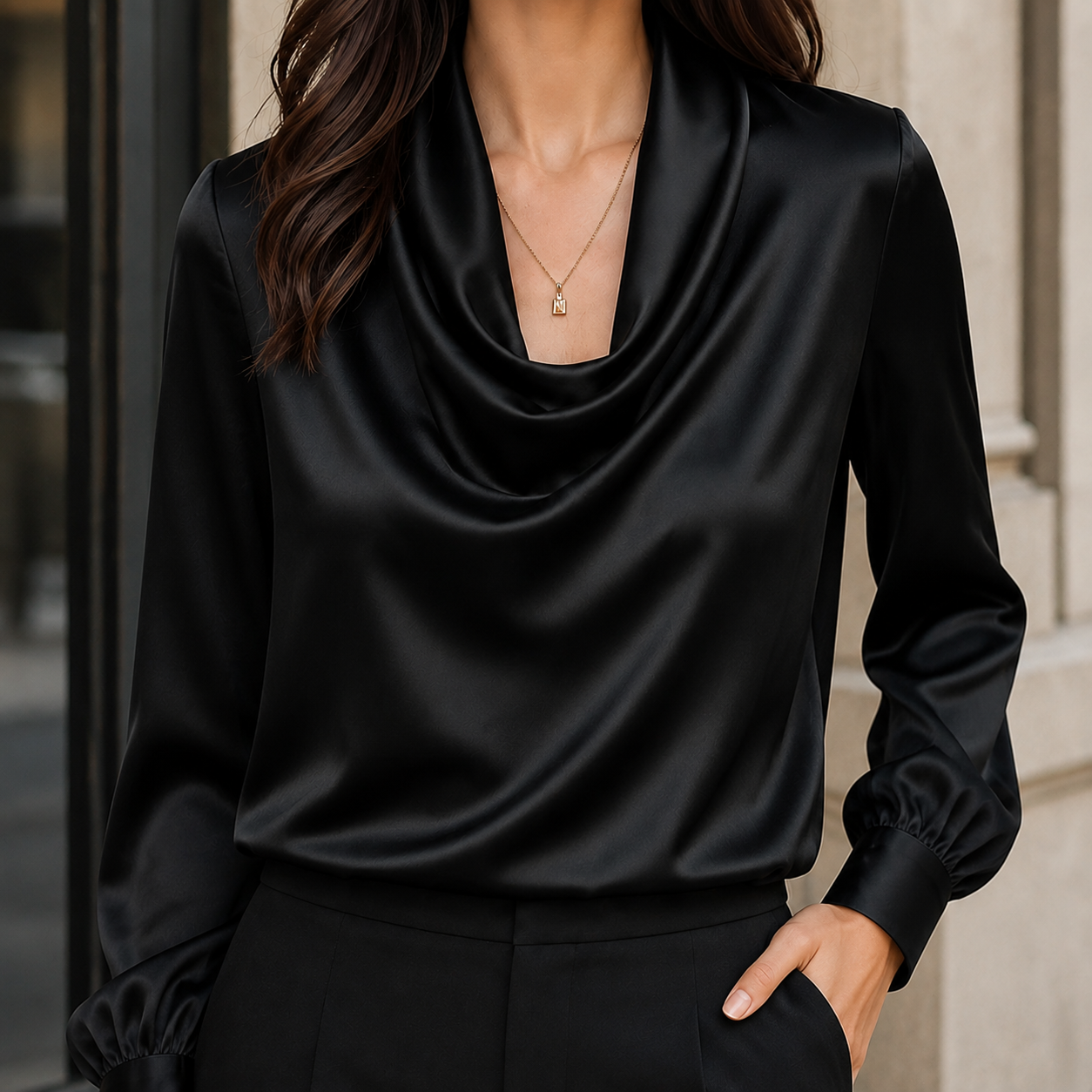 Satin Blouse With Cowl Neckline
