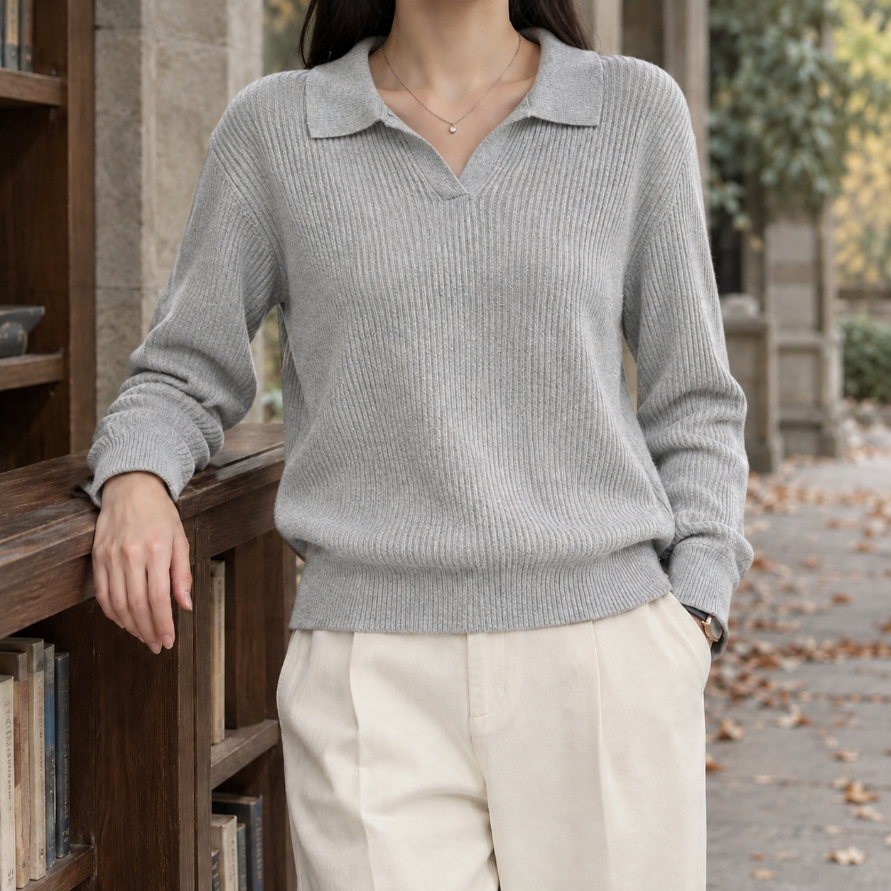 Ribbed polo collar sweater styled as a versatile everyday layer