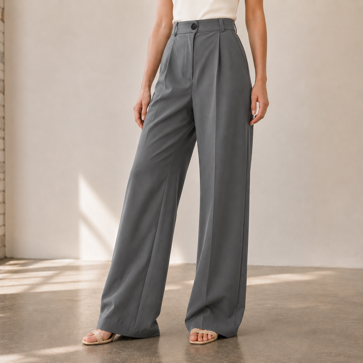 Full-length view of polished pleated pants styled for everyday wear