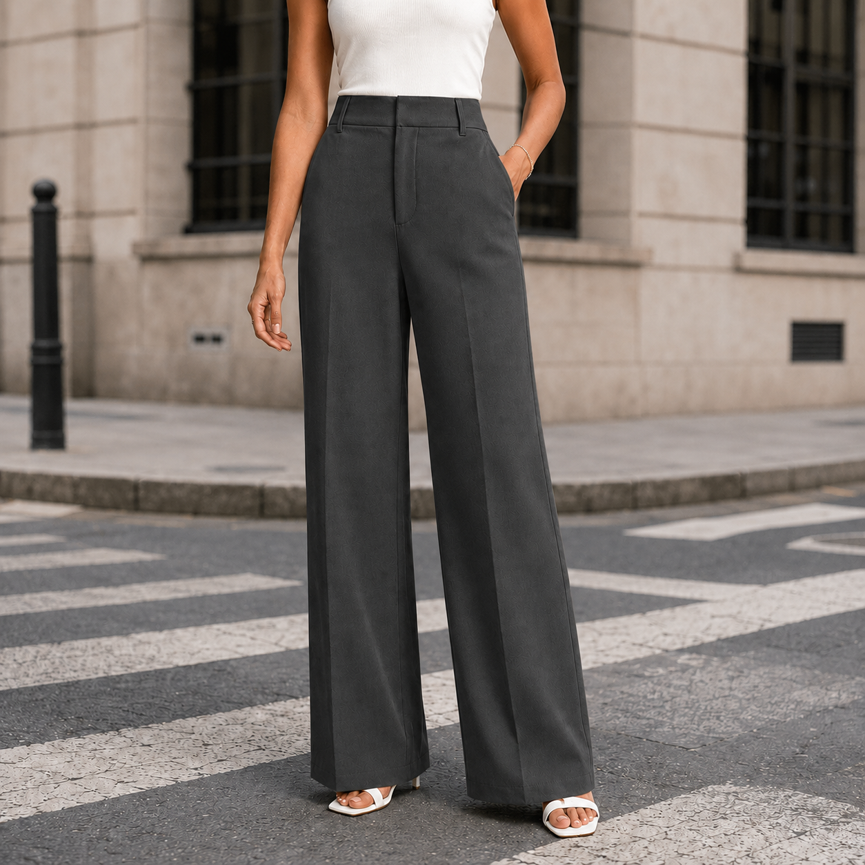 Close-up of the waistband and tailored pleats on wide-leg pants