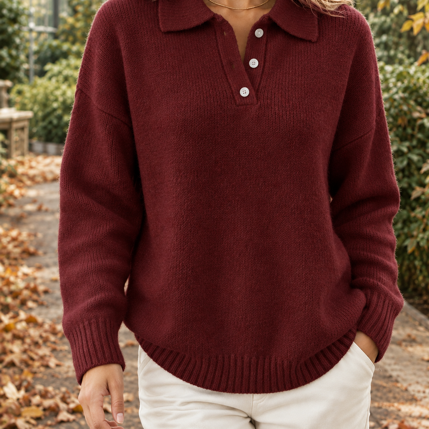 Back view of the relaxed polo sweater