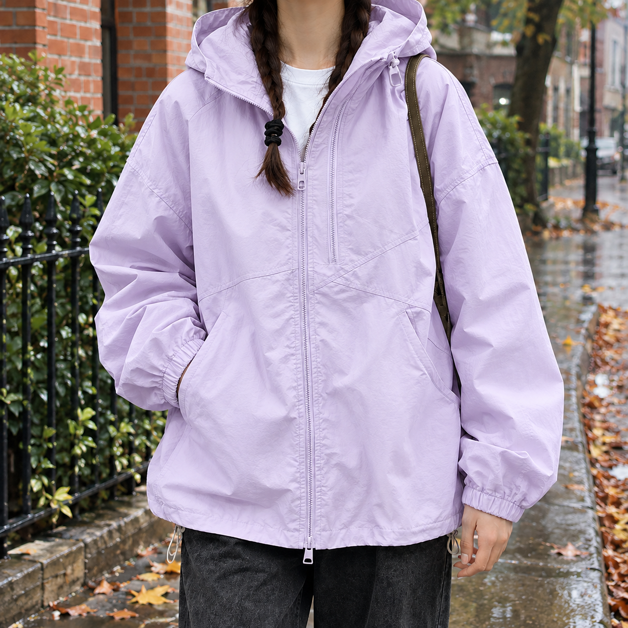 Back view of the hooded jacket with attached hood