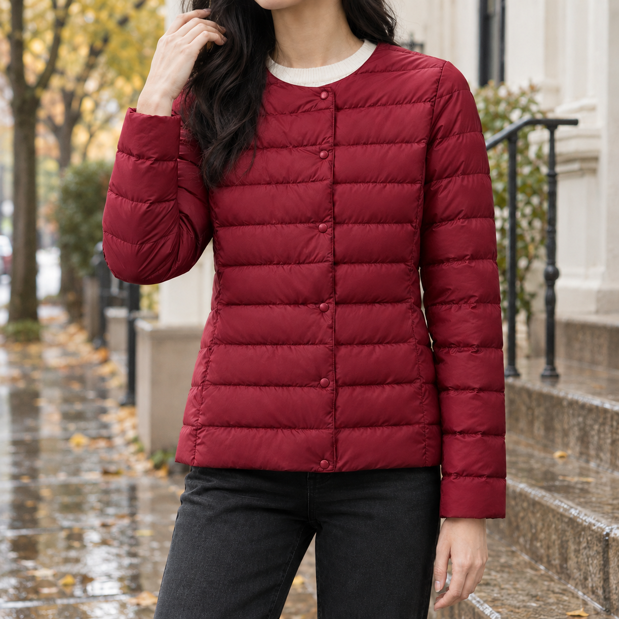 Side view of a quilted down jacket showing its structured shape