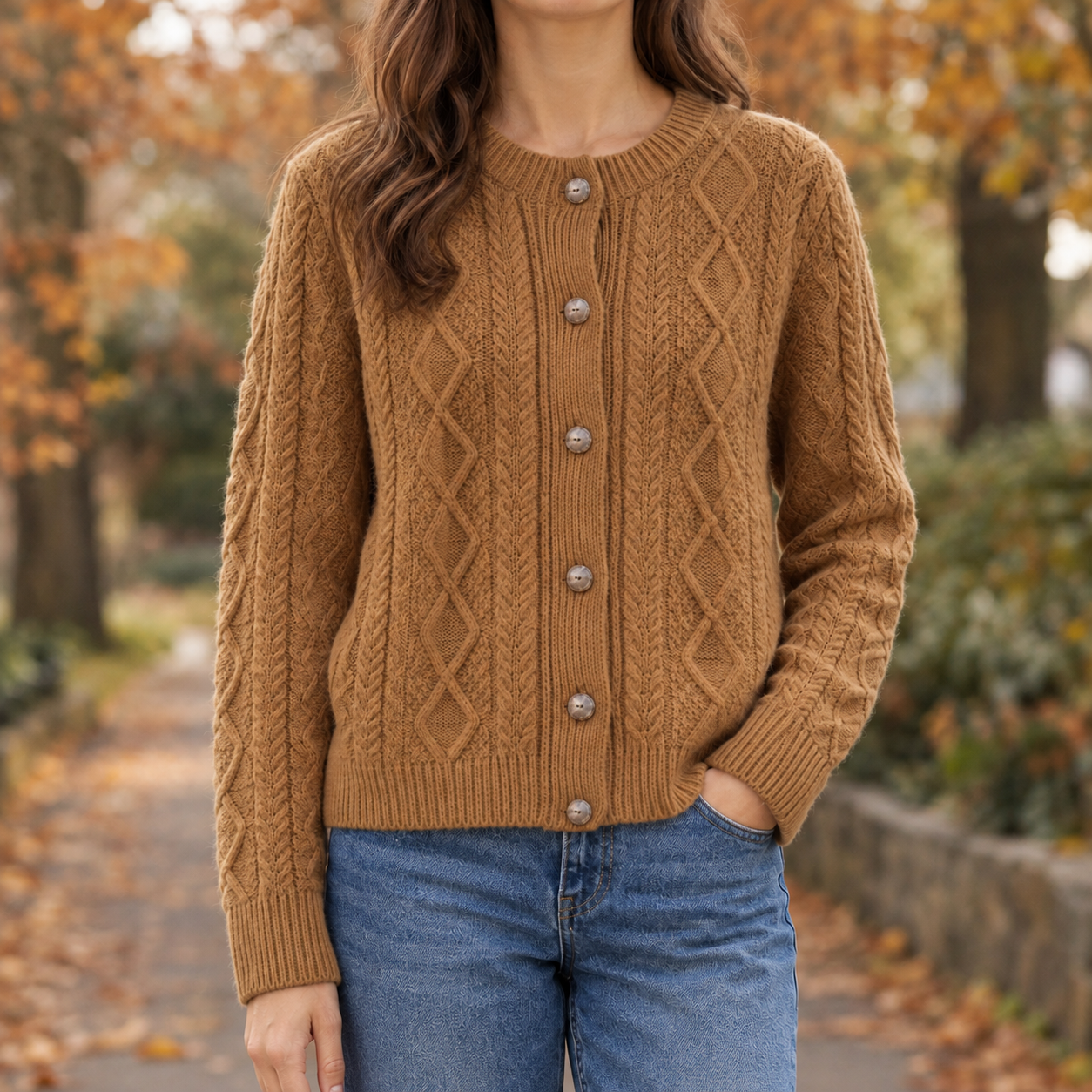 Wool Cardigan Sweater With Cable Knit Button Front