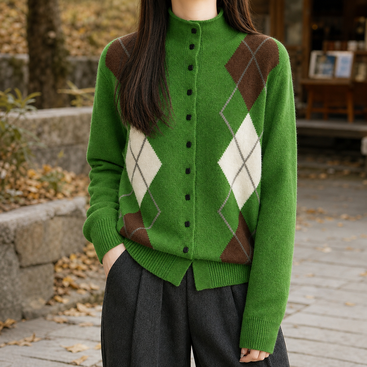 Argyle Mock Neck Cardigan