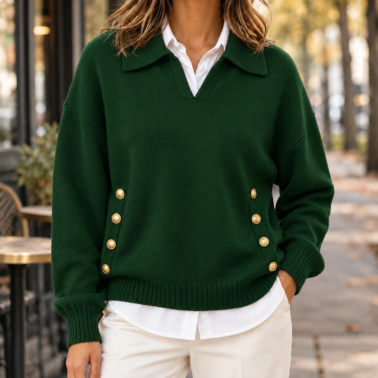 Back view of the collared knit sweater