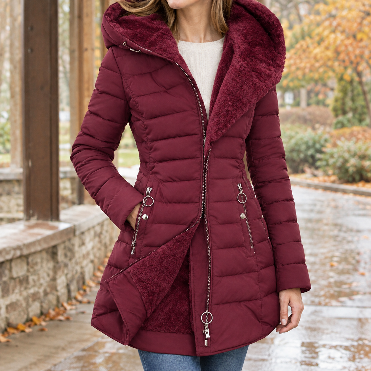 Back view of the mid-length quilted hooded jacket