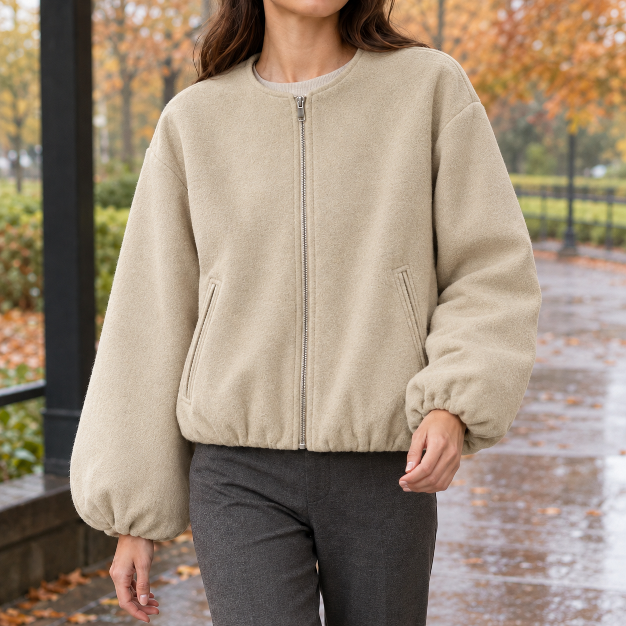 Balloon Sleeve Jacket With Zip Front