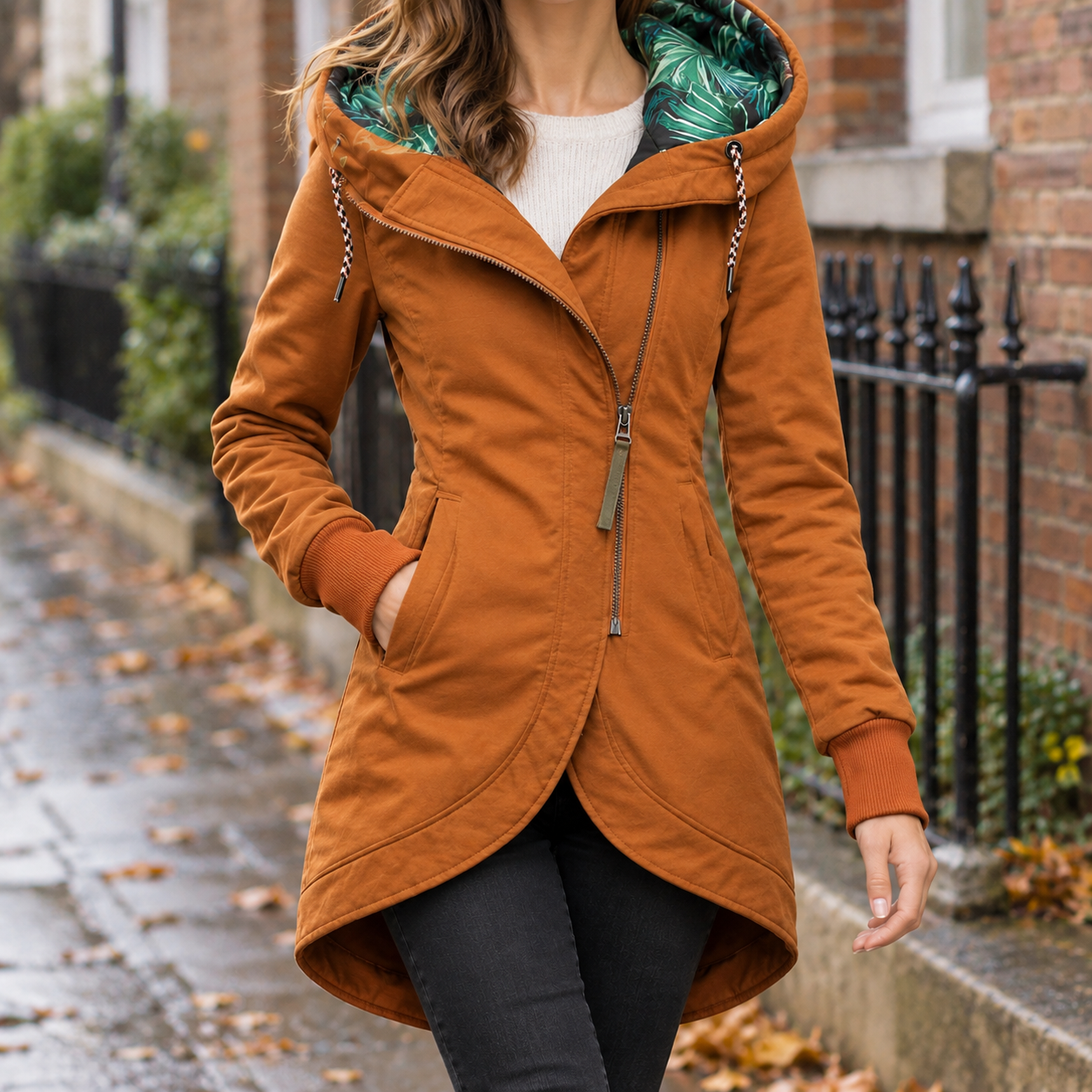 Close-up of the jacket's zip front and hood