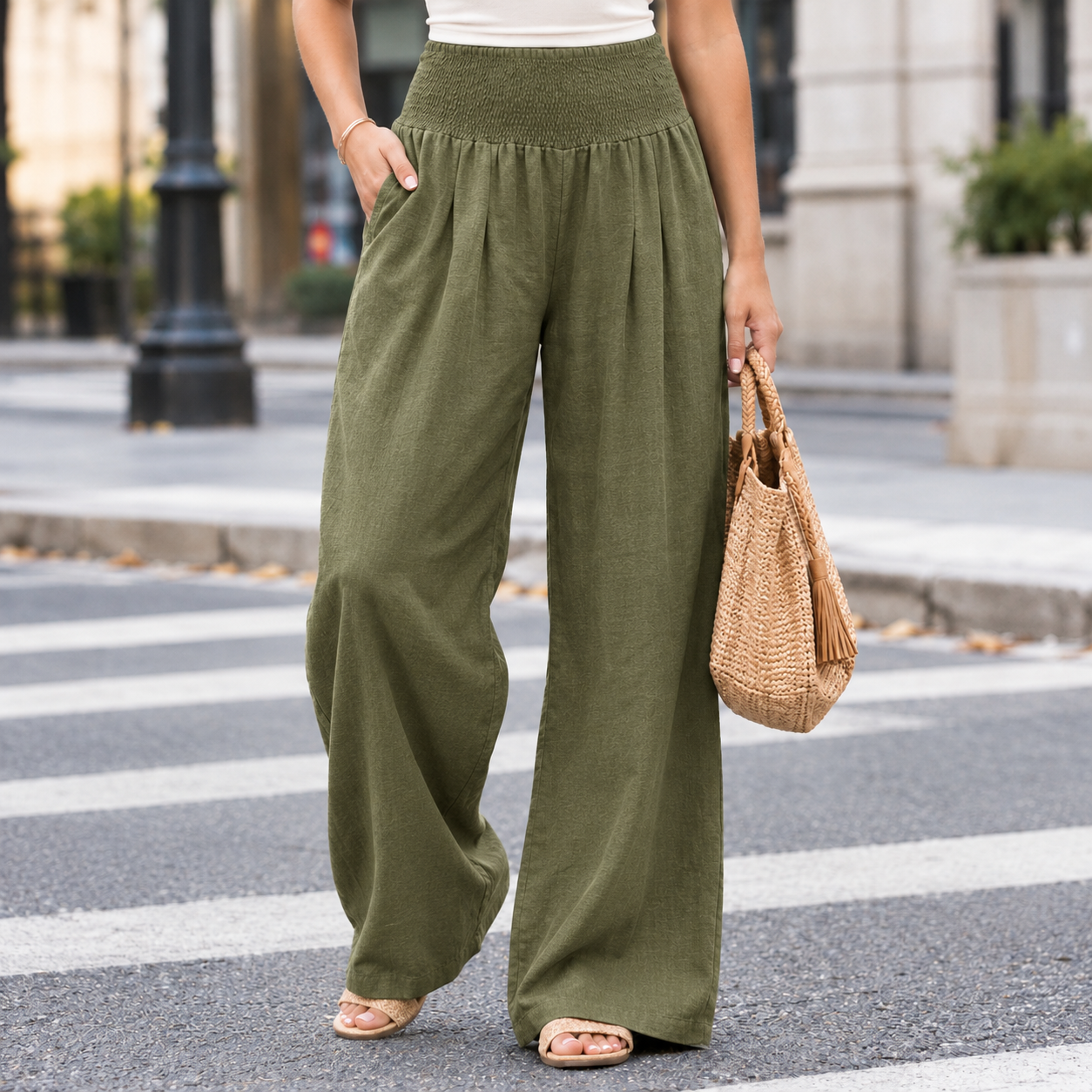 Detail view of the cotton-blend fabric on wide-leg pants
