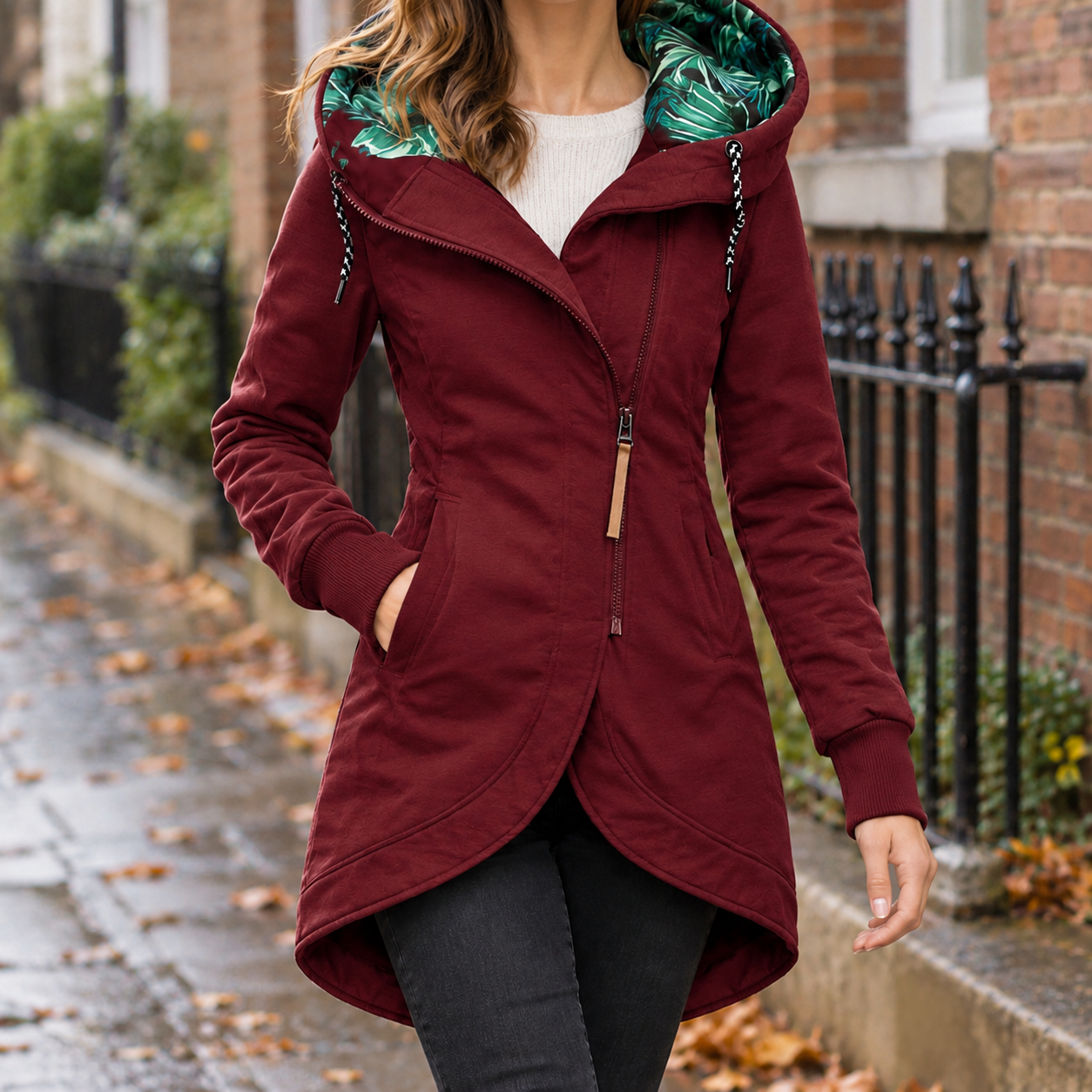 Hooded outerwear jacket displayed from the front