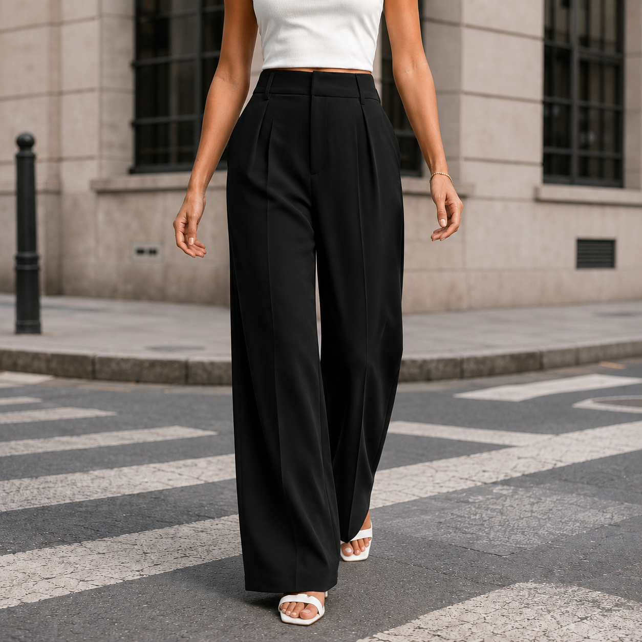 Full-length view of high-waisted wide-leg pants styled for workwear