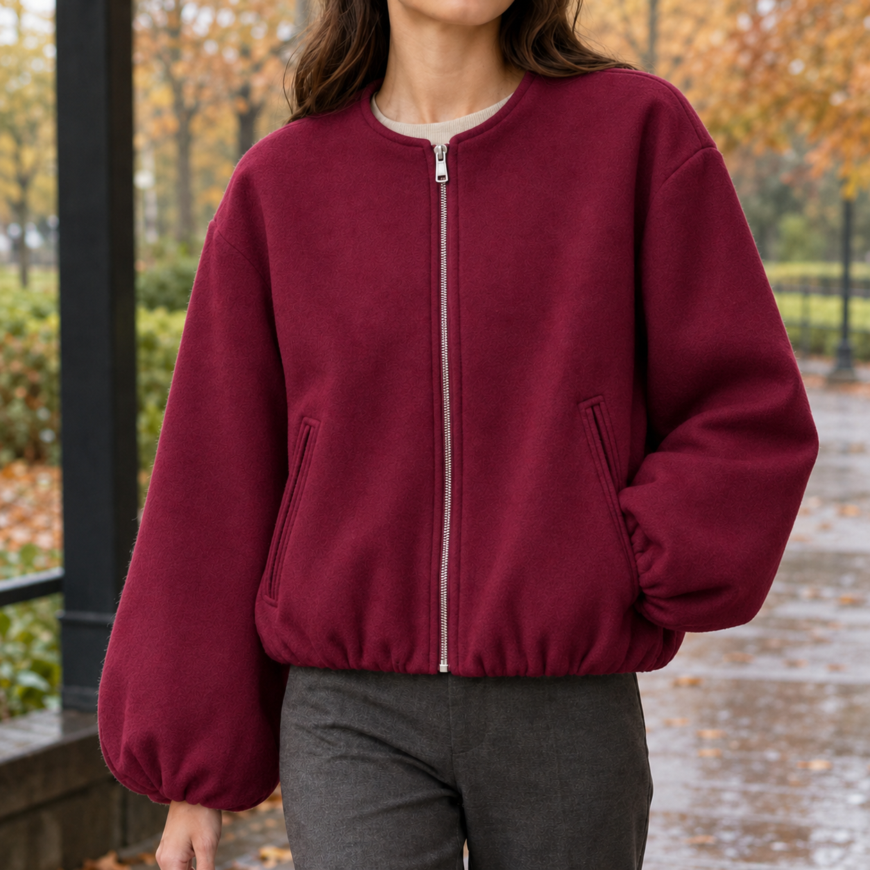 Balloon Sleeve Jacket With Zip Front