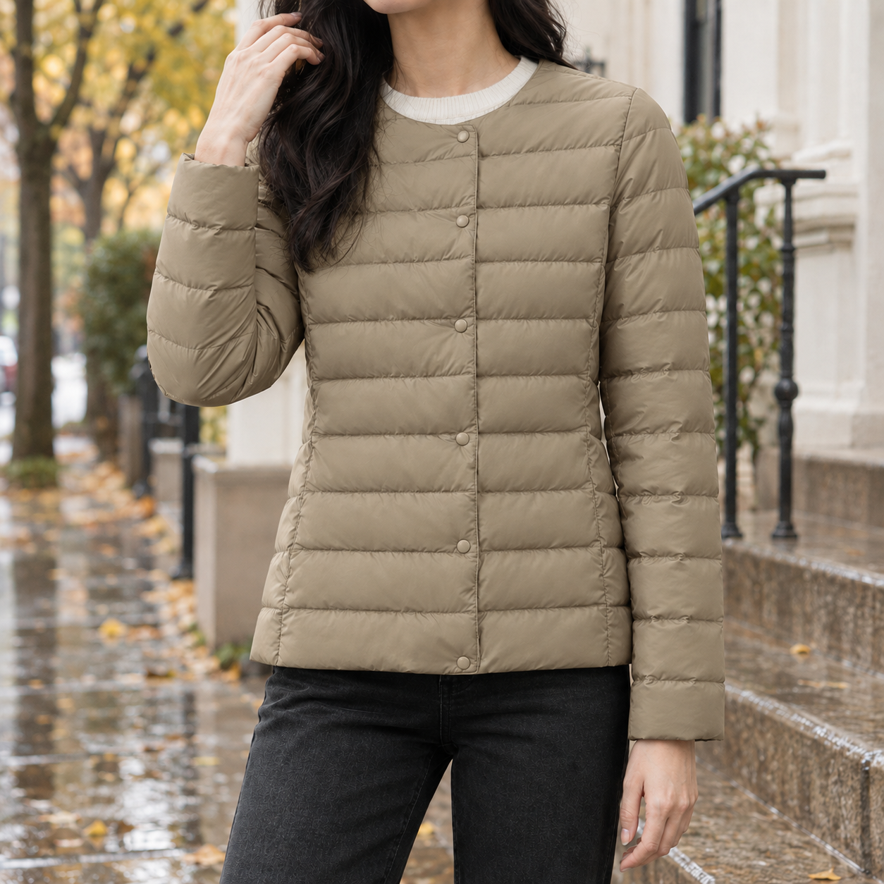 Quilted Down Jacket With Snap Front