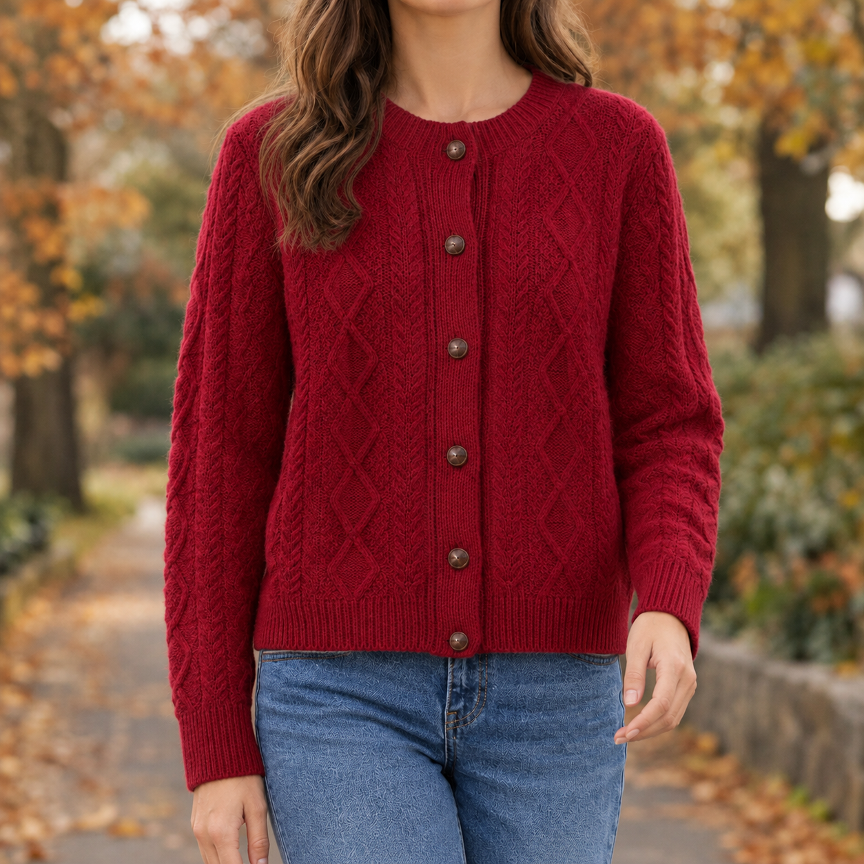 Side view highlighting the textured knit construction of the wool cardigan
