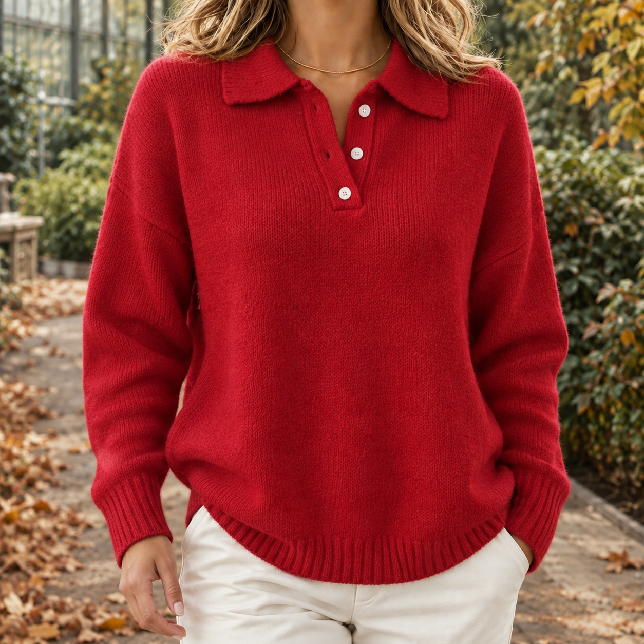 Detail view of the polo collar and button placket