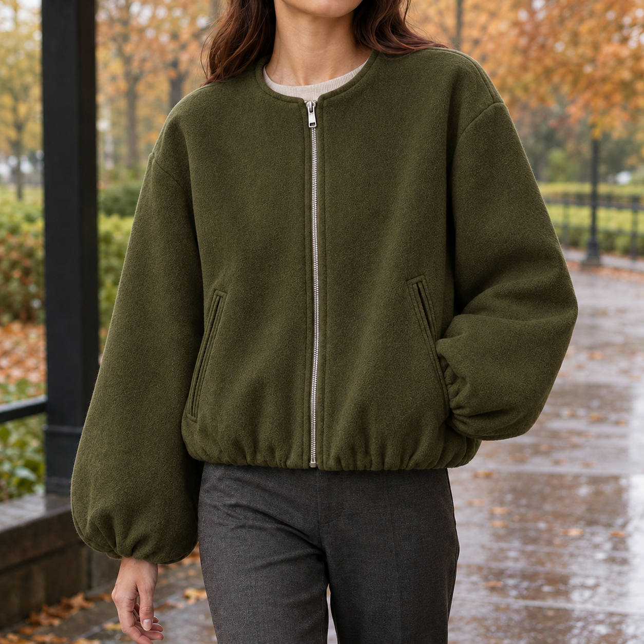 Balloon Sleeve Jacket With Zip Front