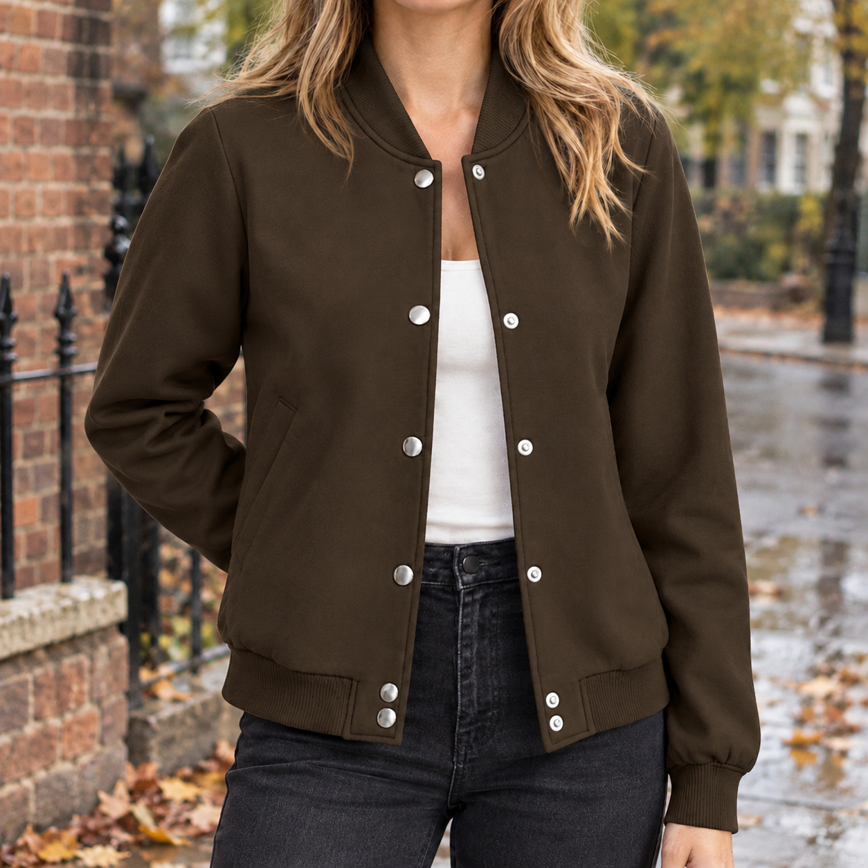 Cotton blend bomber jacket displayed for everyday layering