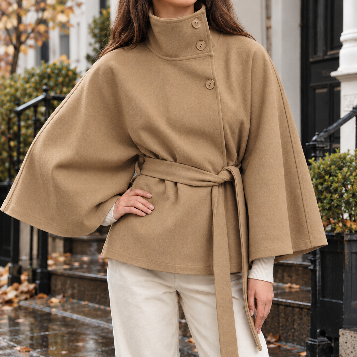 Cape Jacket With Stand Collar And Tie Belt
