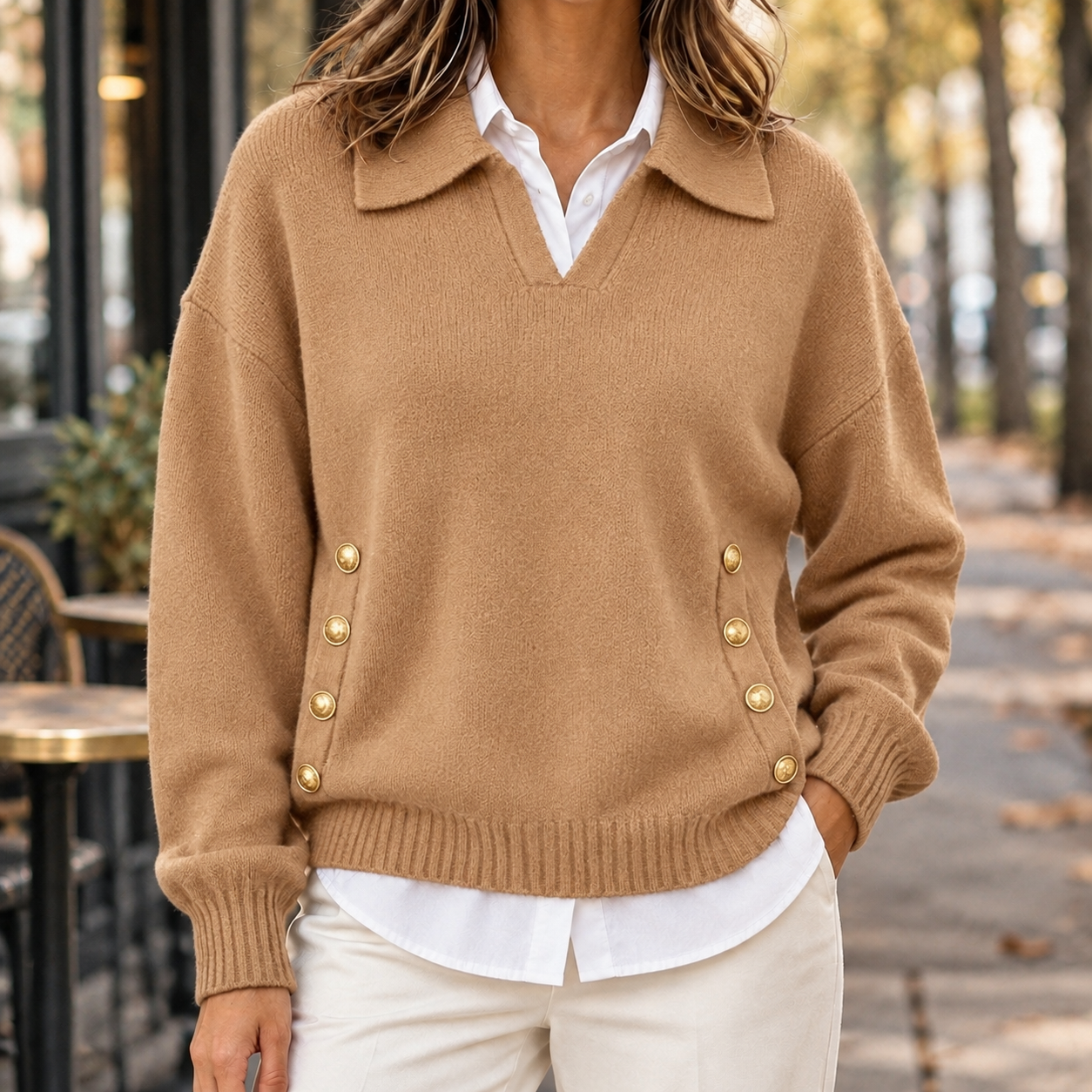 Collared Knit Sweater With V-Neck