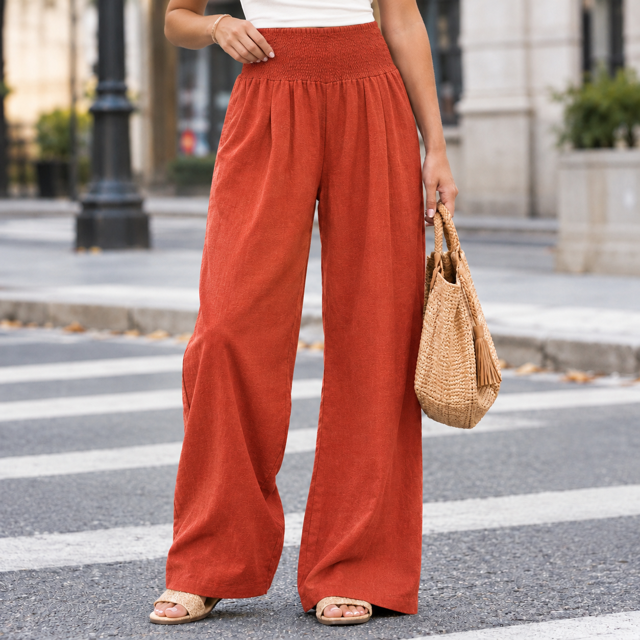 High-Rise Wide-Leg Pants Cotton Blend Pull-On