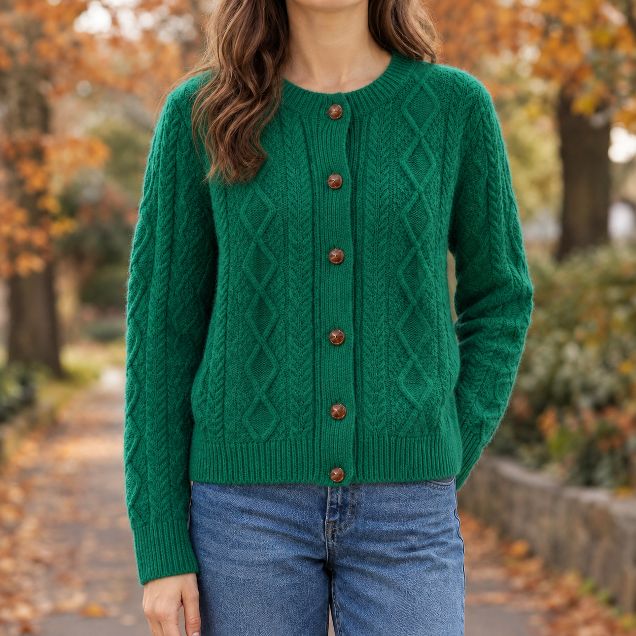 Full view of a timeless wool cardigan sweater styled for everyday wear
