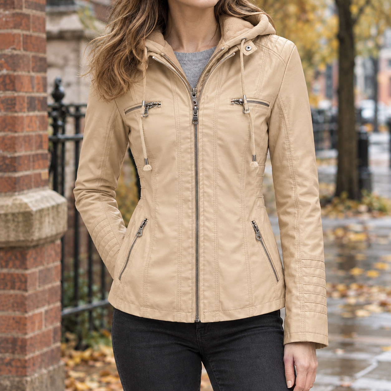 Women's leather-look jacket styled as a casual layered outfit