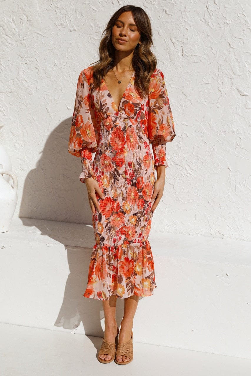 Orange Floral Long-Sleeve Ibiza Dress