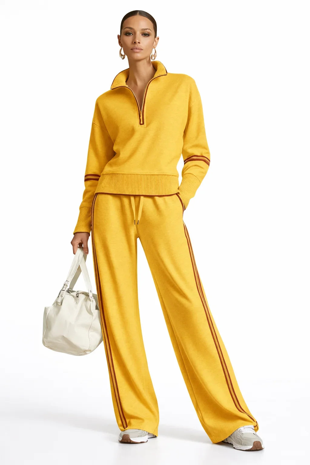 Front view of women's soft-touch top and wide-leg pants set
