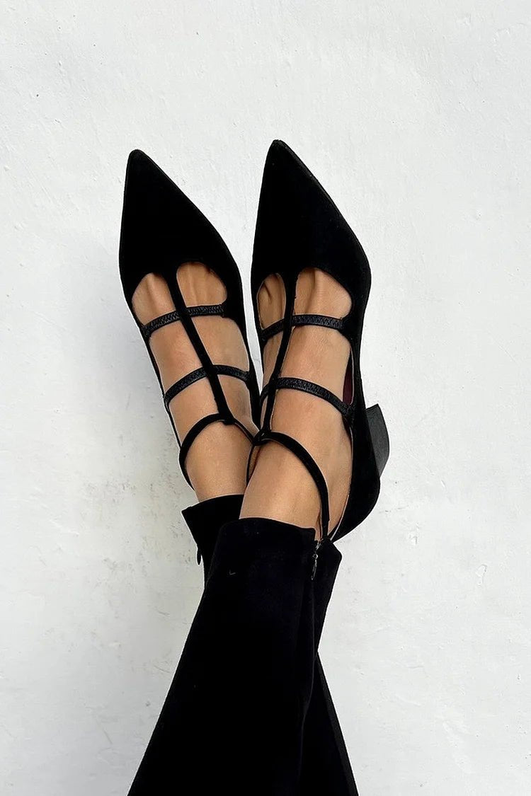 Women's pointed-toe flats with ankle straps and a low block heel
