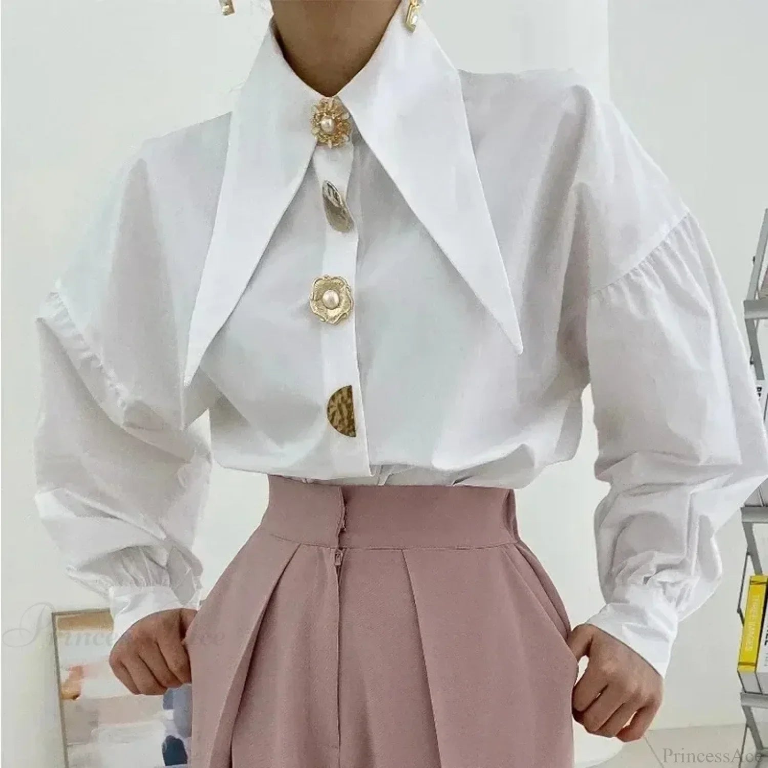 Cotton long-sleeve office blouse displayed from the front