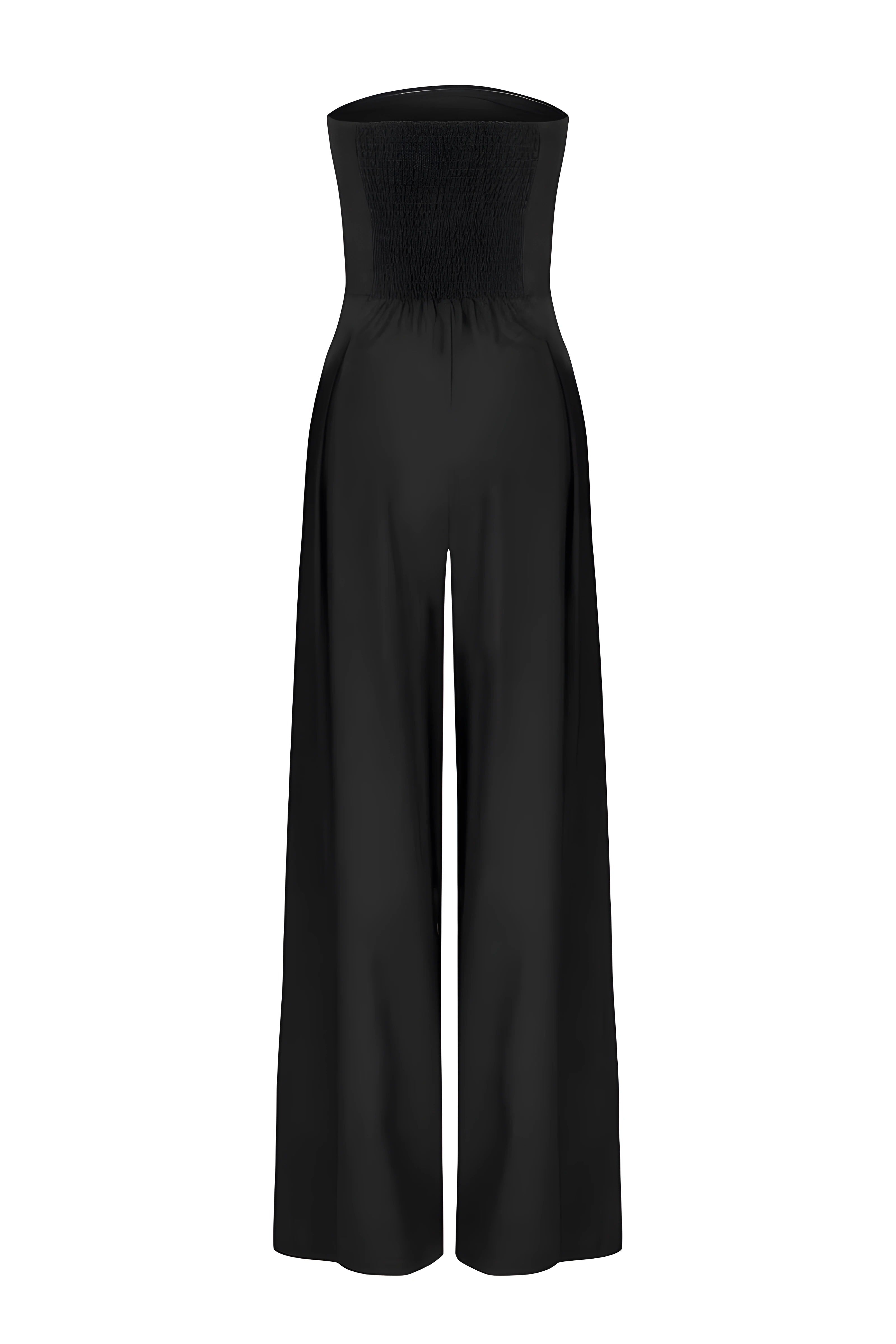 Model showcasing the flowing wide-leg shape of the jumpsuit