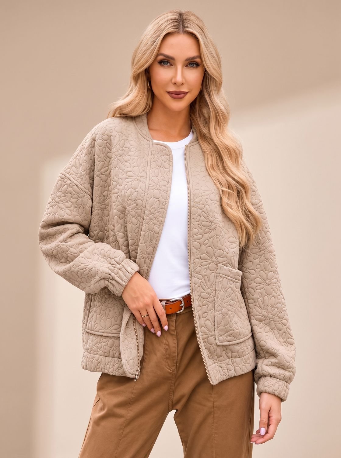 Women's Beige Quilted Bomber Jacket