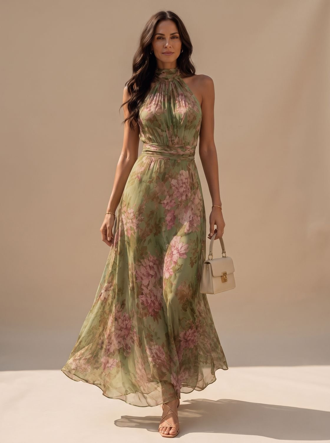 Women's floral halter neck chiffon maxi dress shown from the front