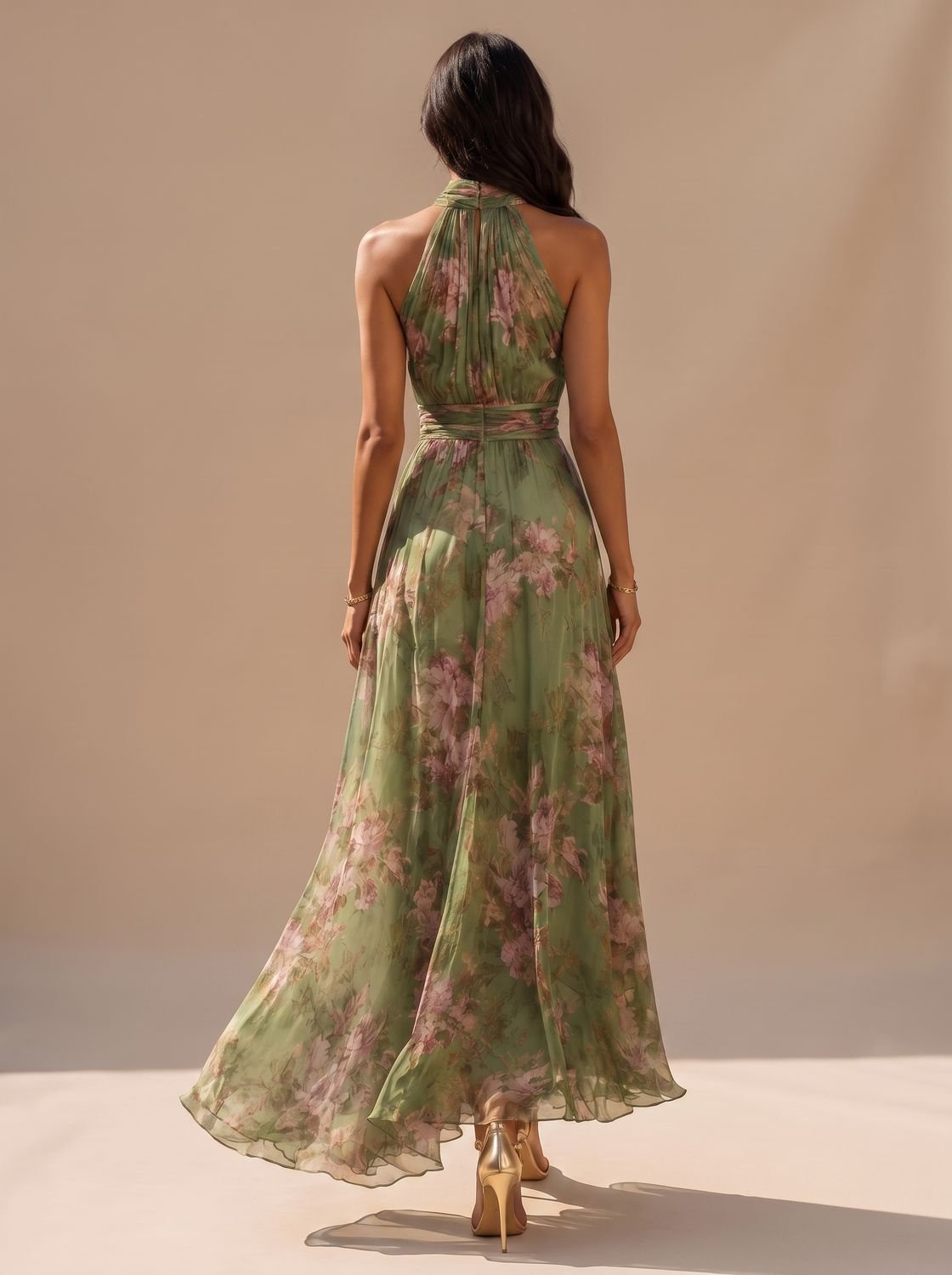 Flowy floral chiffon maxi dress with a flattering halter neckline