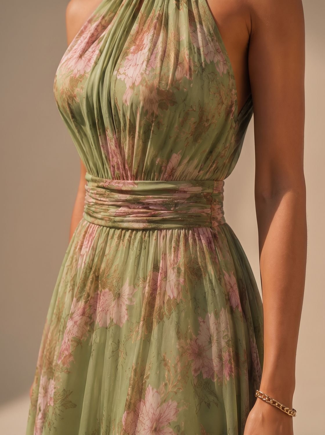 Close-up of the floral chiffon fabric and halter neckline