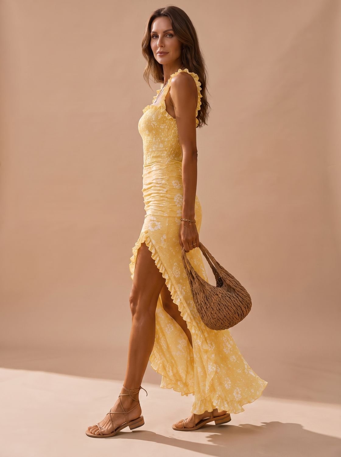 Close-up of the floral print and textured smocked fabric