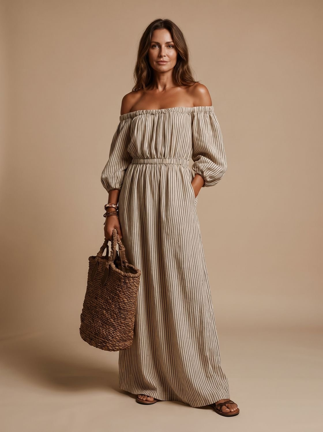 Women's Striped Linen Blend Off-Shoulder Maxi Dress