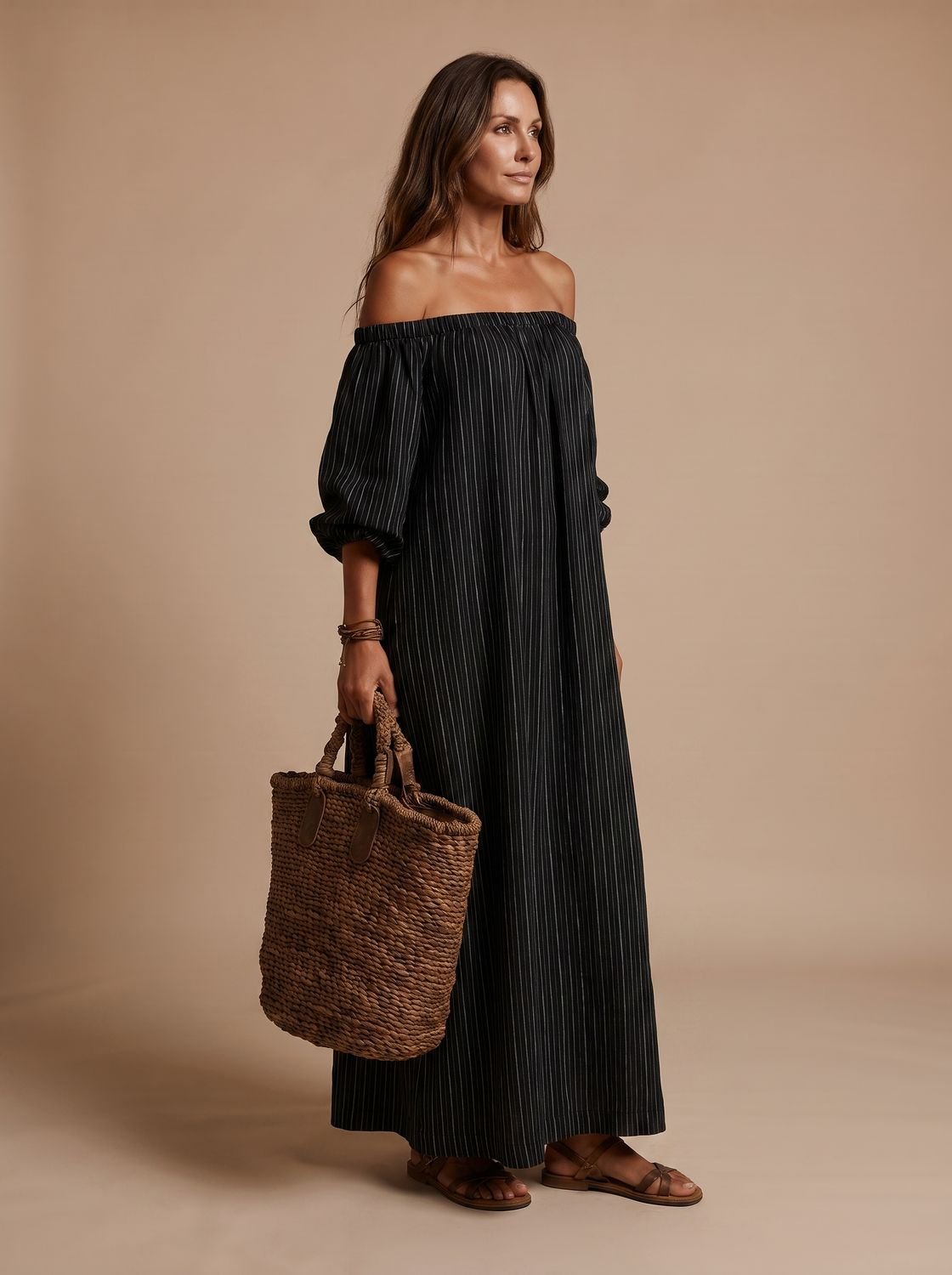 Back view of the women's striped linen blend maxi dress