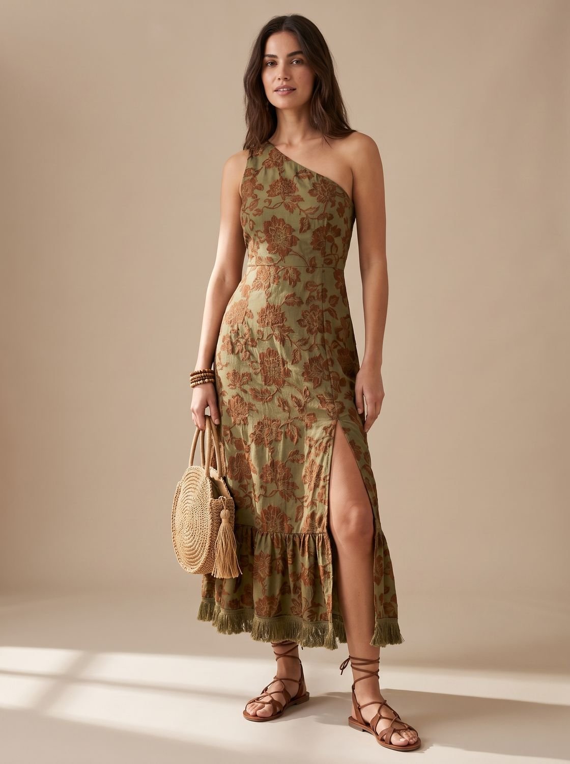 Women's boho maxi dress with a one-shoulder neckline and floral pattern