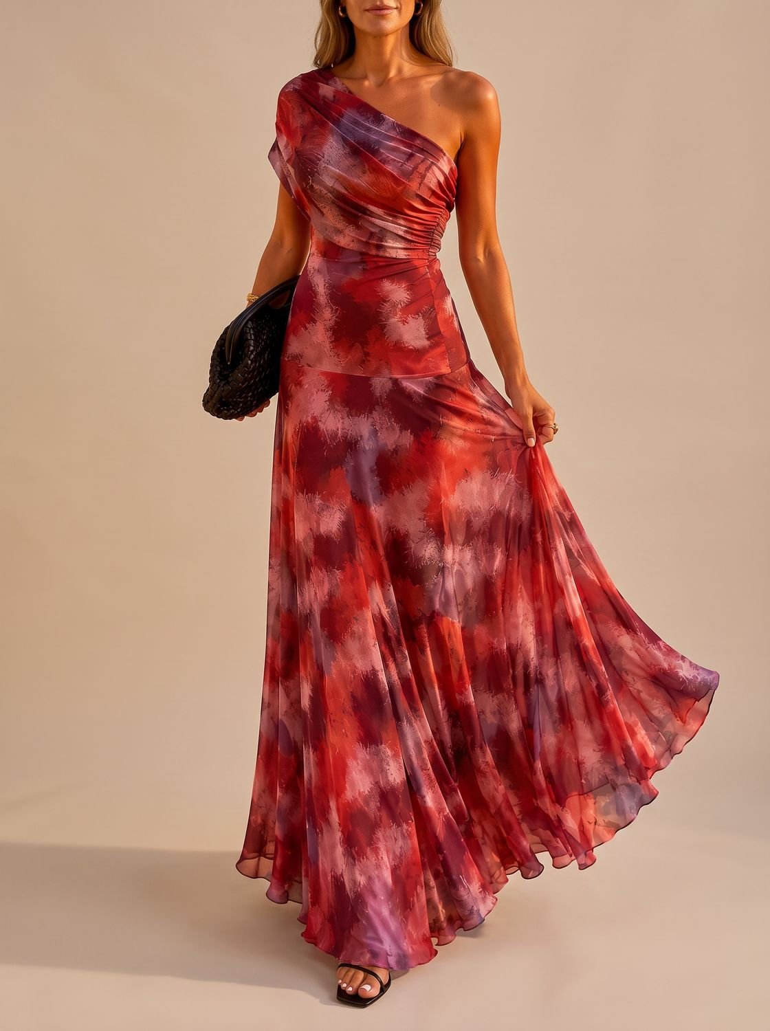 Women's boho maxi dress with a one-shoulder neckline