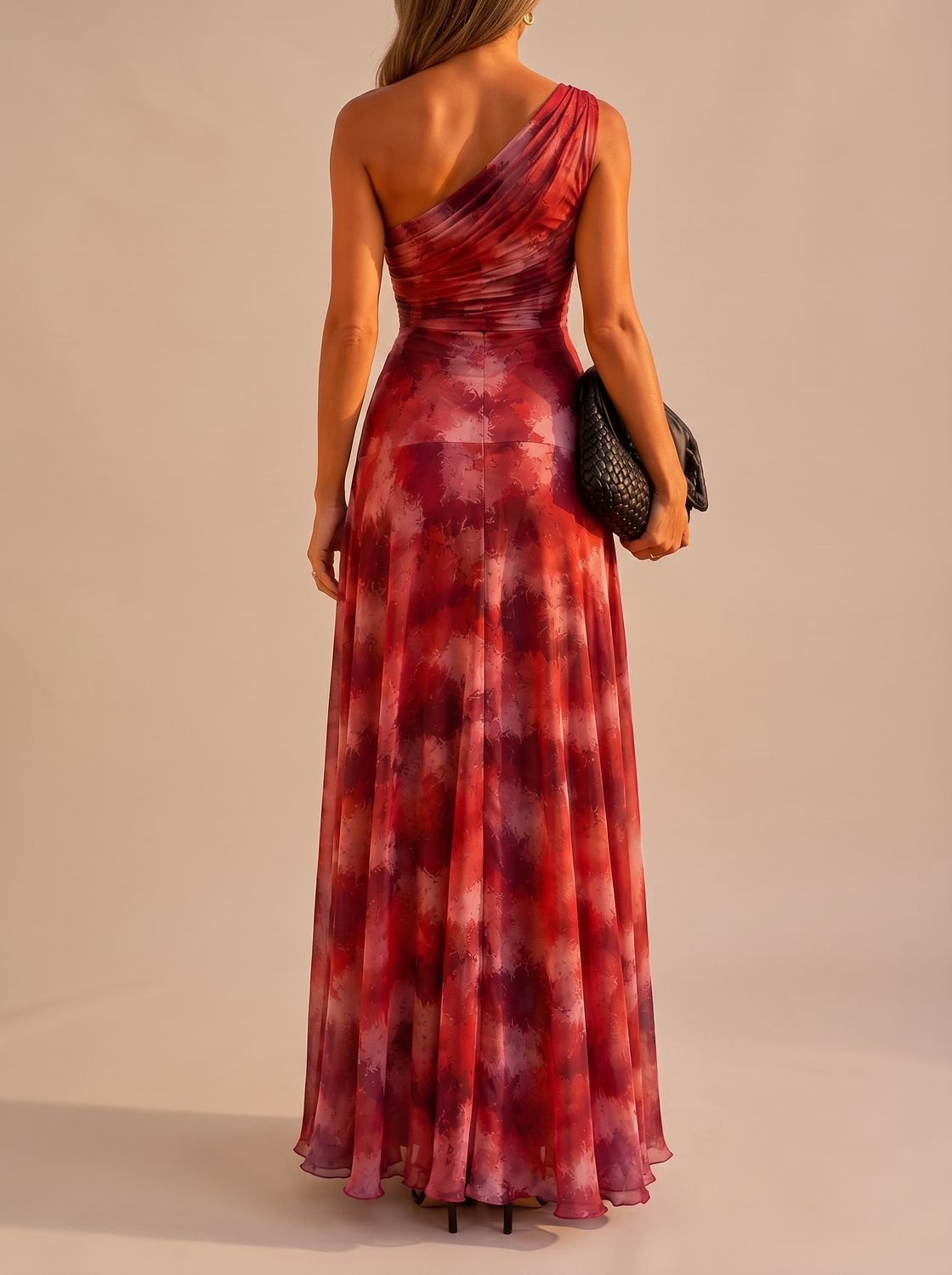 Side view of a women's one-shoulder boho maxi dress