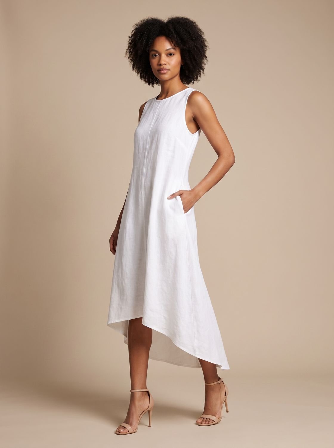 Front view of a women's sleeveless boho midi dress