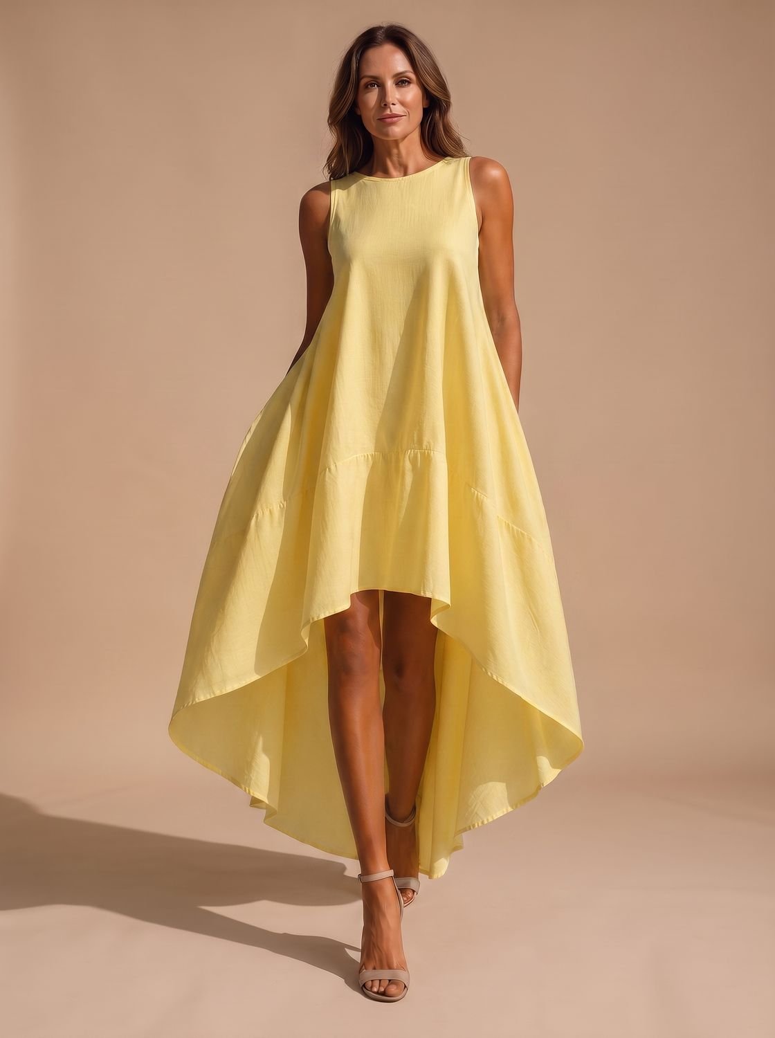 Close-up of the dress neckline and sleeveless design